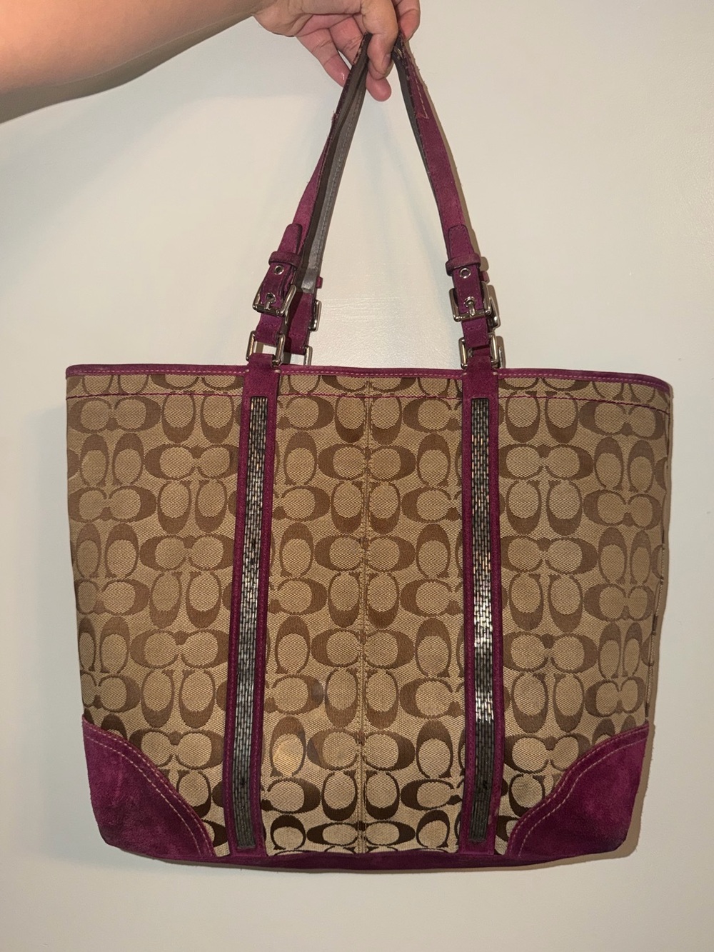 Coach Tan Signature Canvas Tote with Burgundy Trim